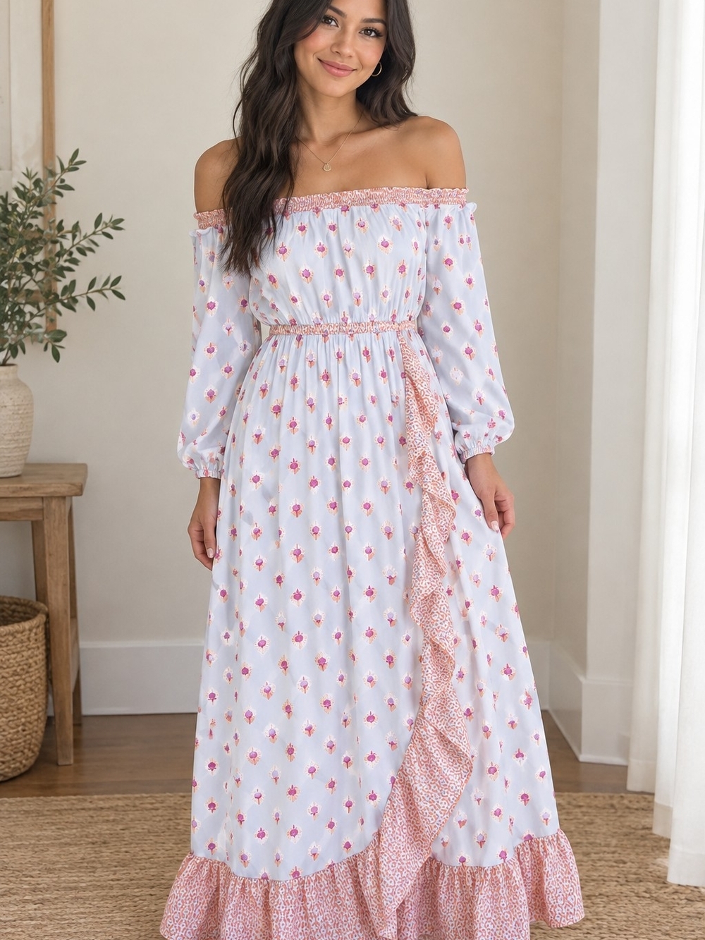 Cabana Life Nantucket Off-Shoulder Maxi Dress in White and Pink Floral